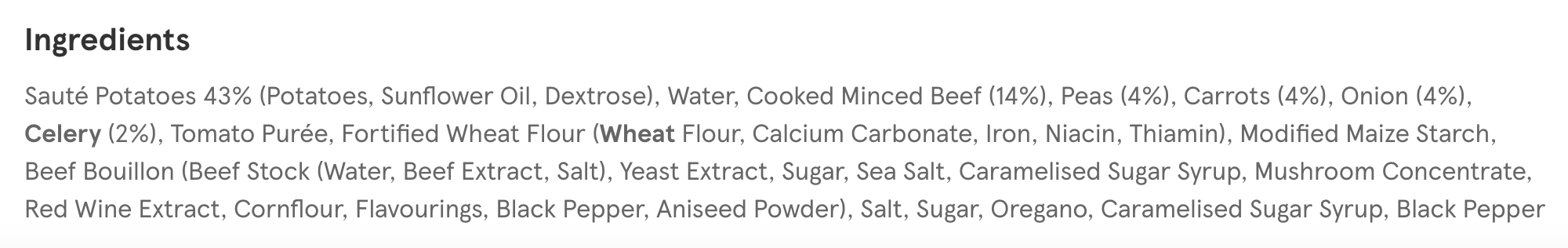 Weight Watchers ready meal ingredients